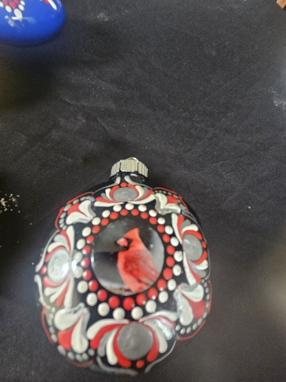 Hand Painted Cardinal Christmas Ornament Black Red White Dot Art Holiday Decor